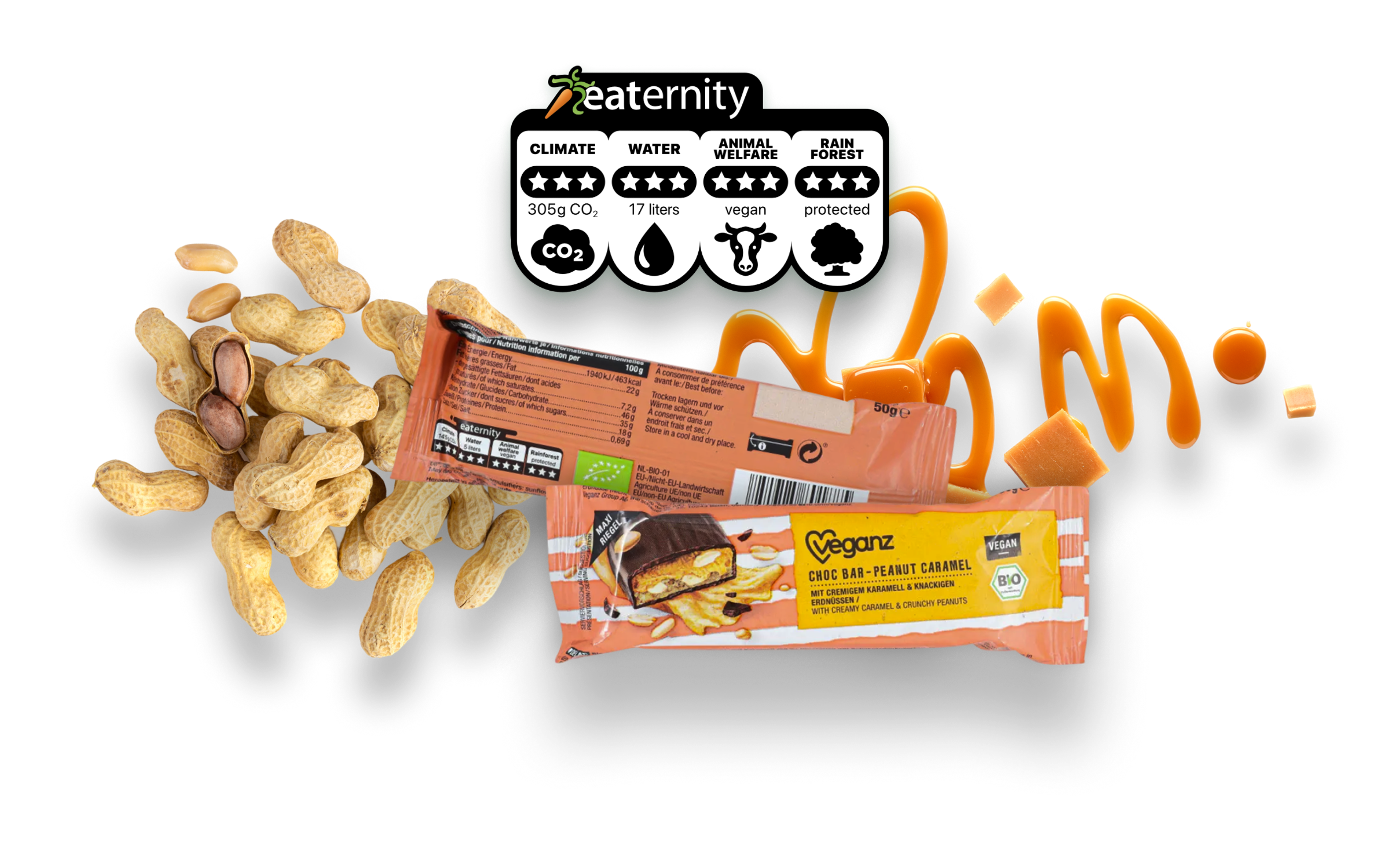 Eaternity Score sustainability label with Veganz products showing environmental ratings