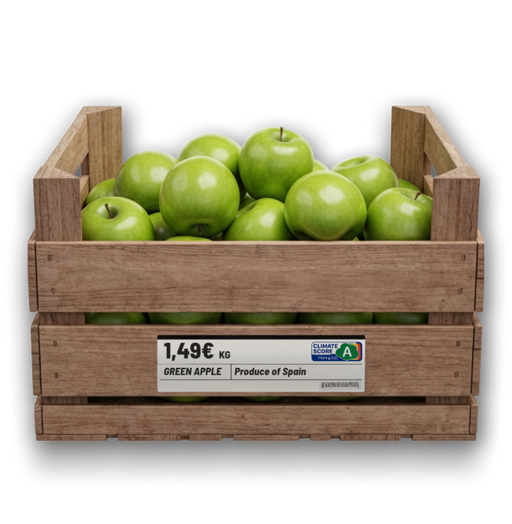 Green apples in wooden crate with Eaternity score