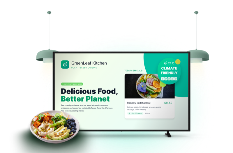 Écrans de menus numériques Eaternity affichant des repas respectueux du climat