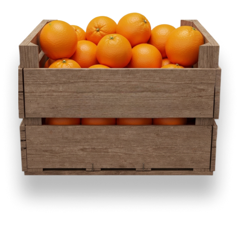 Fresh oranges in wooden crate